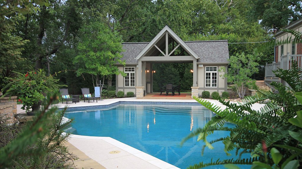 Landscaped pool and pool house featured in the Poynter Landscape case study